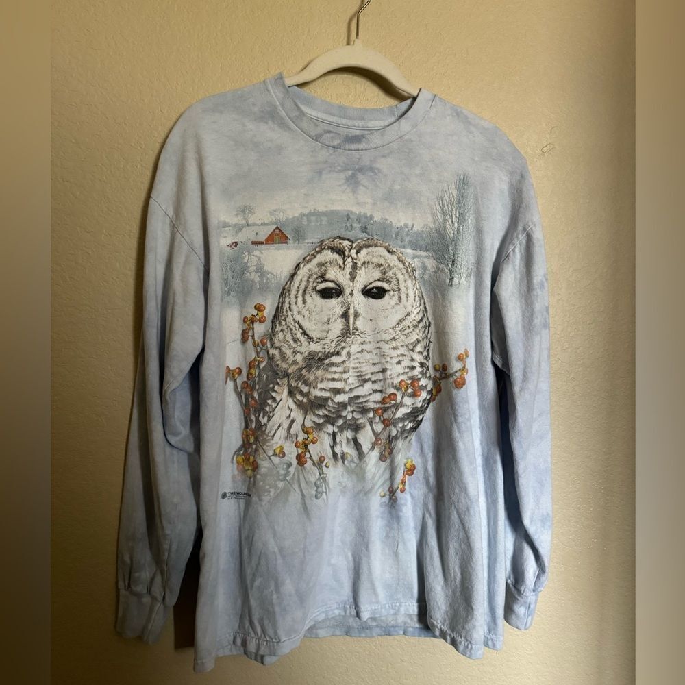The Mountain Graphic Snow White Owl Long Sleeve T-Shirt Sz L Light Blue/Grey